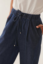 Exquise-Beli Lastikli Bağcık Detaylı İndigo Geniş Paça Pamuk Denim Pantolon-Kot Pantolon-5-Milagron.com