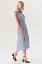Exquise-Beli Lastikli Bağcık Detaylı Mavi Çizgili Pamuklu Midi Gömlek Elbise-Elbise-2-Milagron.com