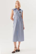 Exquise-Beli Lastikli Bağcık Detaylı Mavi Çizgili Pamuklu Midi Gömlek Elbise-Elbise-3-Milagron.com