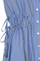Exquise-Beli Lastikli Bağcık Detaylı Mavi Çizgili Pamuklu Midi Gömlek Elbise-Elbise-8-Milagron.com