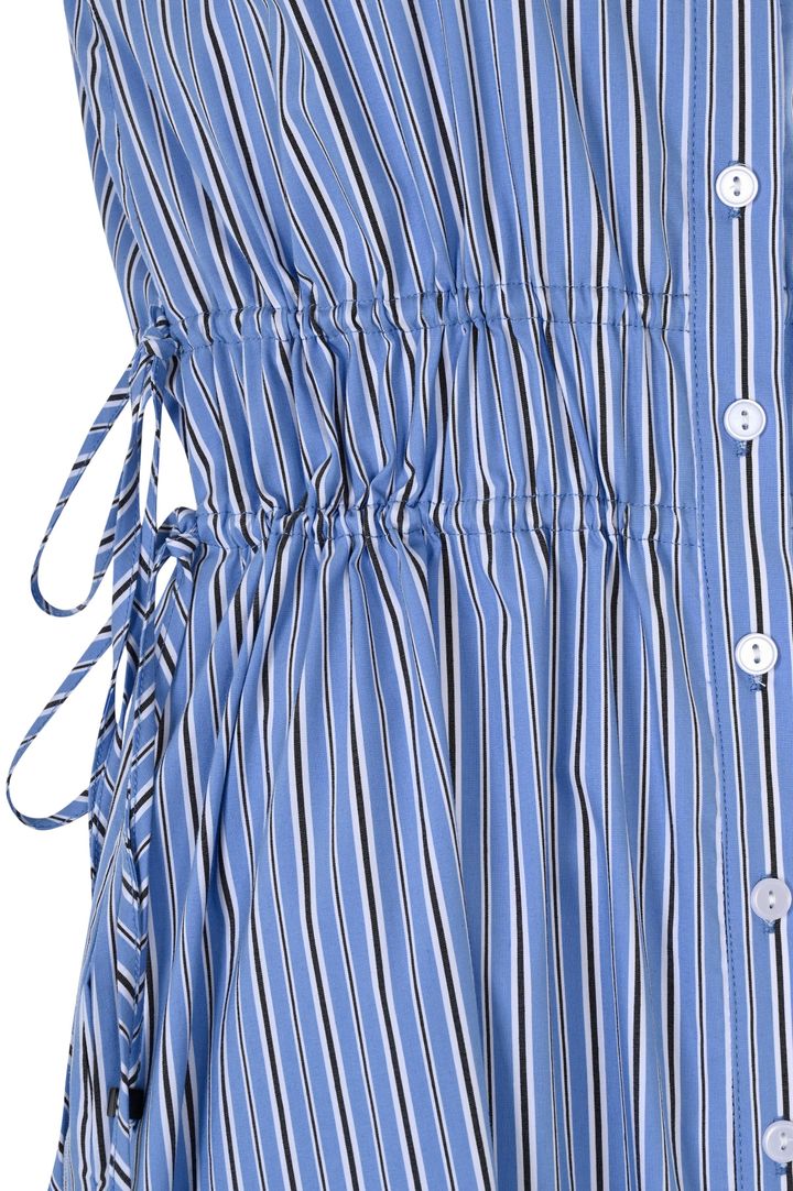 Exquise-Beli Lastikli Bağcık Detaylı Mavi Çizgili Pamuklu Midi Gömlek Elbise-Elbise-8-Milagron.com