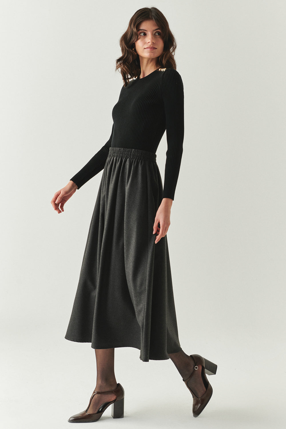 Exquise-Beli Lastikli Cepli Regular Midi Gri Etek-ETEK-2-Milagron.com