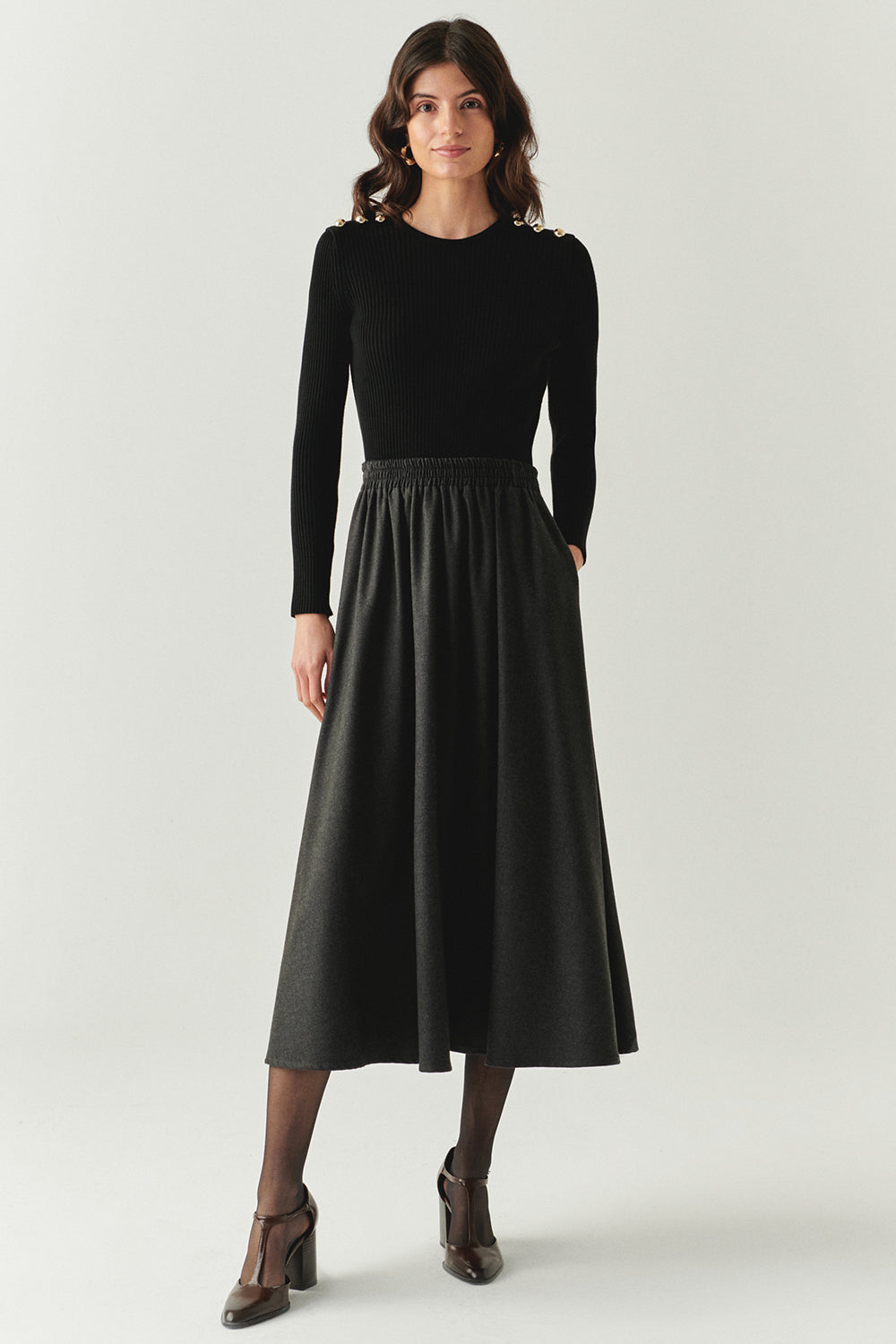 Exquise-Beli Lastikli Cepli Regular Midi Gri Etek-ETEK-4-Milagron.com