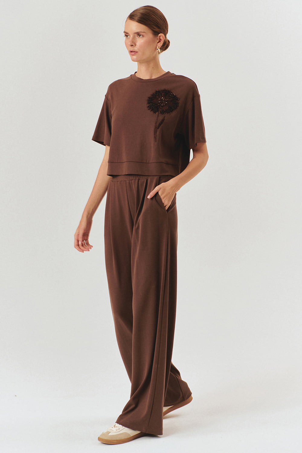 Exquise-Beli Lastikli Yüksek Bel Rahat Kesim Modal Karışımlı örme Pantolon-Pantolon-2-Milagron.com