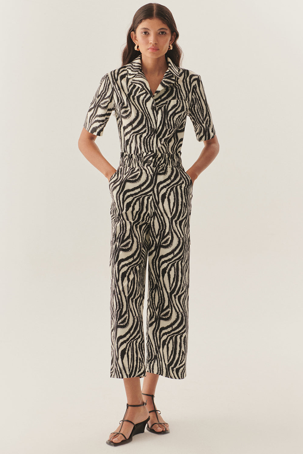 Exquise-Beli Lastikli Zebra Desenli Regular Pamuklu Pantolon-Pantolon-1-Milagron.com