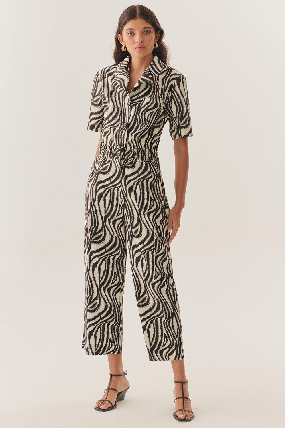 Exquise-Beli Lastikli Zebra Desenli Regular Pamuklu Pantolon-Pantolon-4-Milagron.com