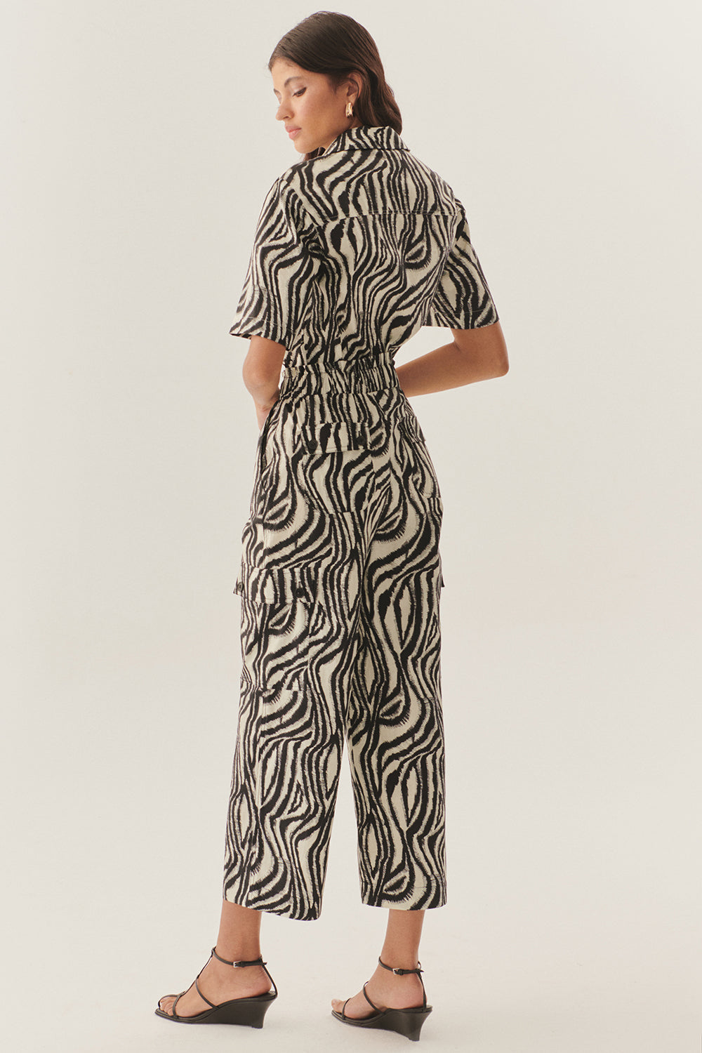 Exquise-Beli Lastikli Zebra Desenli Regular Pamuklu Pantolon-Pantolon-5-Milagron.com