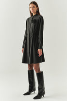 Exquise-Beli Lastikli çiçek Aksesuarlı Regular Mini Gri Elbise-ELBİSE-2-Milagron.com