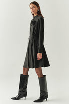 Exquise-Beli Lastikli çiçek Aksesuarlı Regular Mini Gri Elbise-ELBİSE-3-Milagron.com