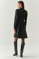 Exquise-Beli Lastikli çiçek Aksesuarlı Regular Mini Gri Elbise-ELBİSE-4-Milagron.com