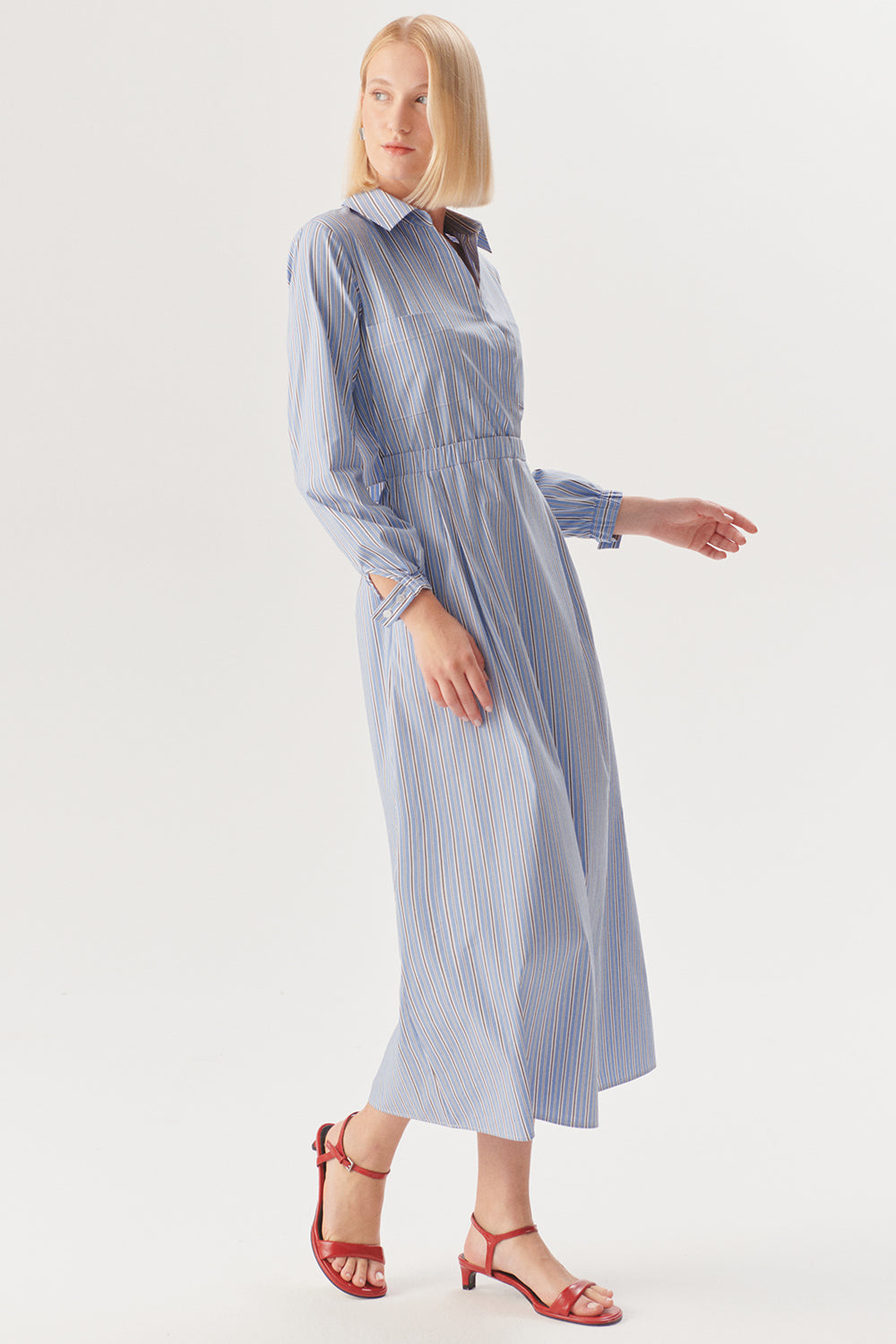 Exquise-Beli Lastikli çizgili Regular Midi Elbise-Elbise-2-Milagron.com