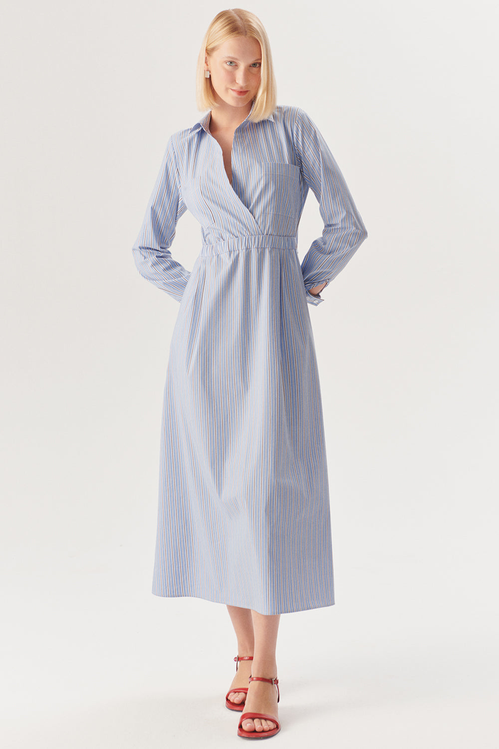 Exquise-Beli Lastikli çizgili Regular Midi Elbise-Elbise-3-Milagron.com