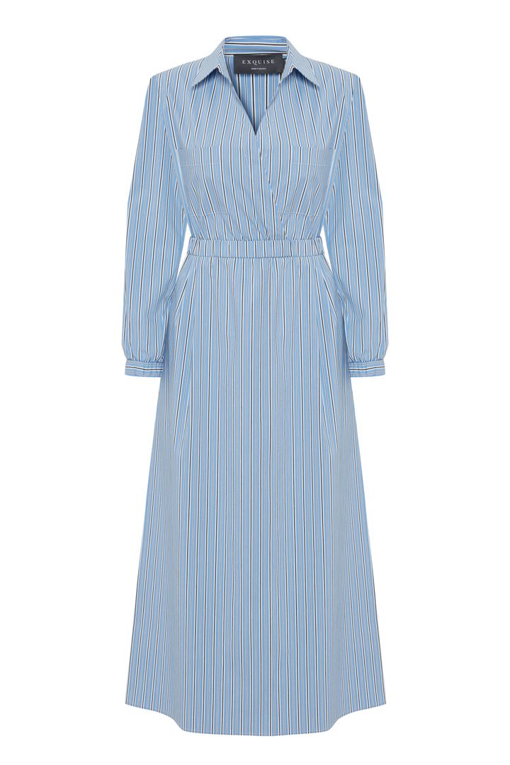 Exquise-Beli Lastikli çizgili Regular Midi Elbise-Elbise-5-Milagron.com