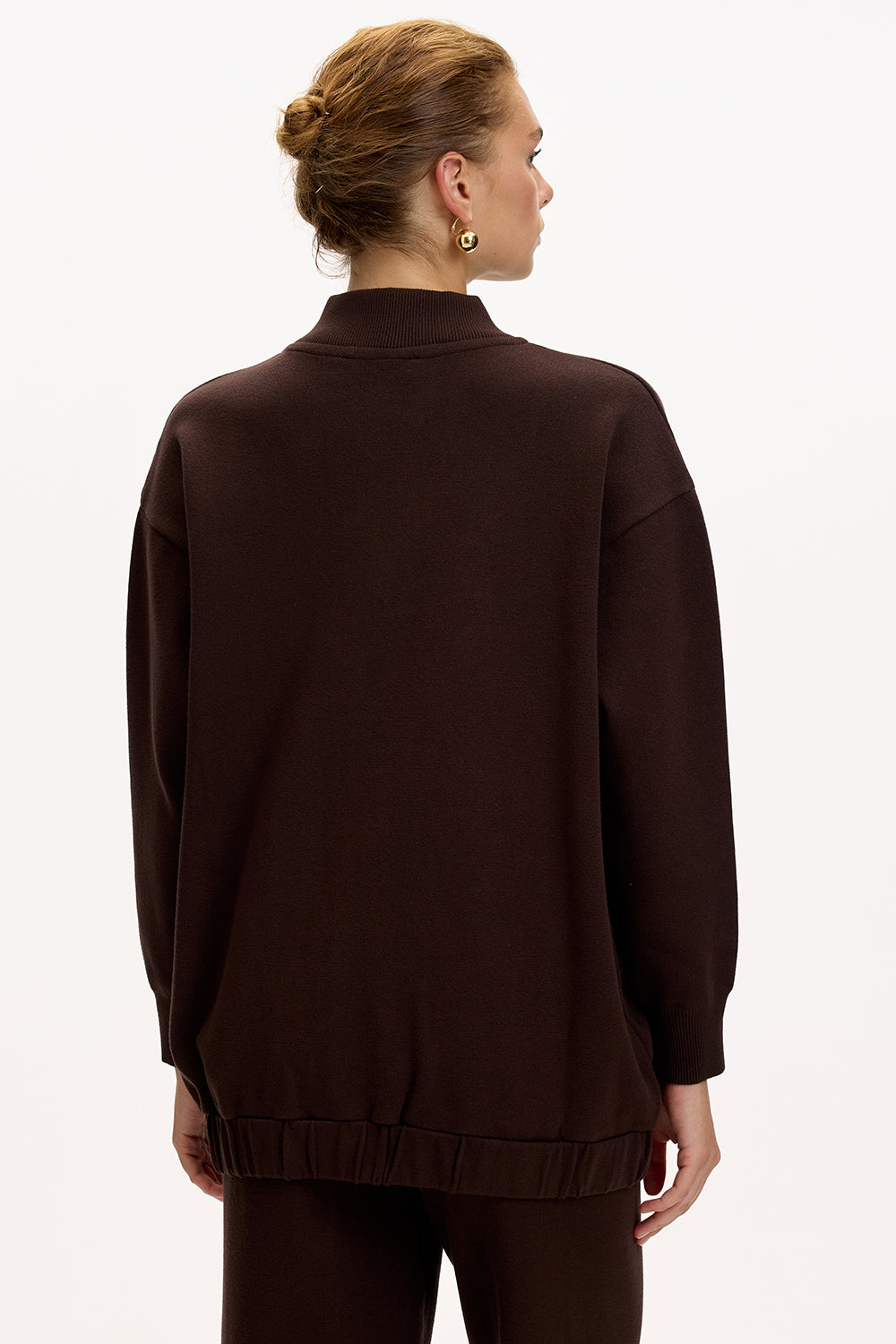 Exquise-Bisiket Yaka Cepli Gold Düğmeli Oversize Kahve Tirko Hırka-HIRKA-7-Milagron.com