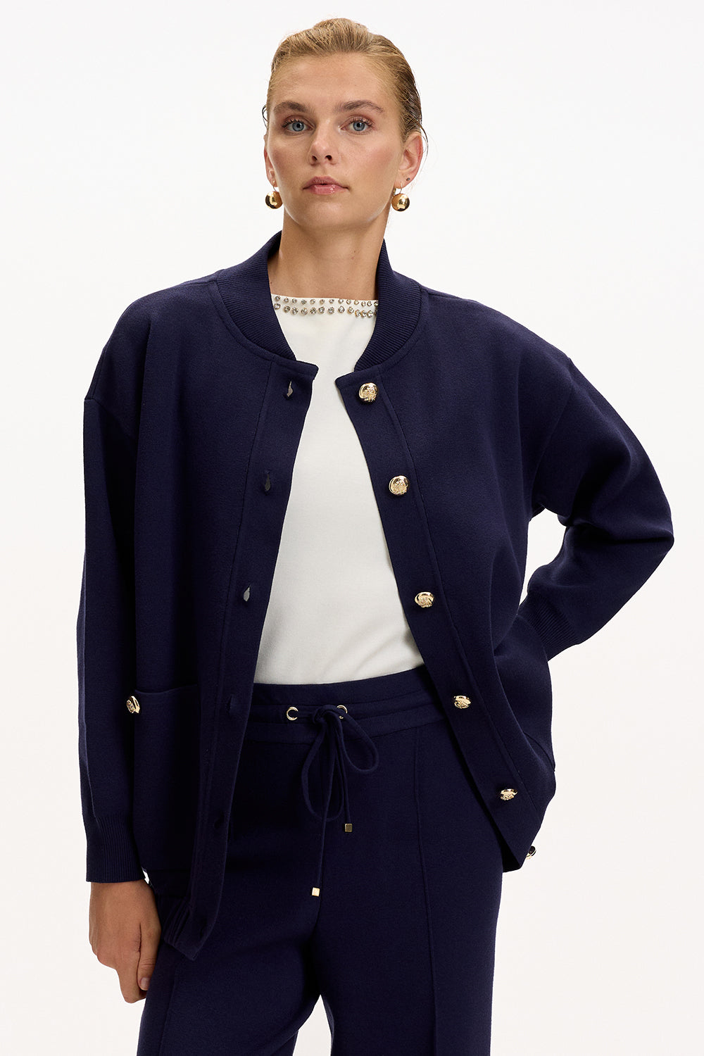 Exquise-Bisiket Yaka Cepli Gold Düğmeli Oversize Lacivert Tirko Hırka-HIRKA-6-Milagron.com