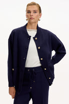 Exquise-Bisiket Yaka Cepli Gold Düğmeli Oversize Lacivert Tirko Hırka-HIRKA-6-Milagron.com