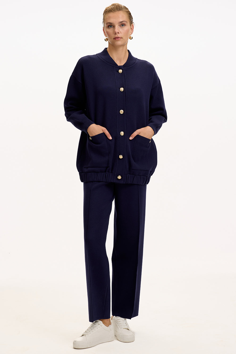 Exquise-Bisiket Yaka Cepli Gold Düğmeli Oversize Lacivert Tirko Hırka-HIRKA-7-Milagron.com