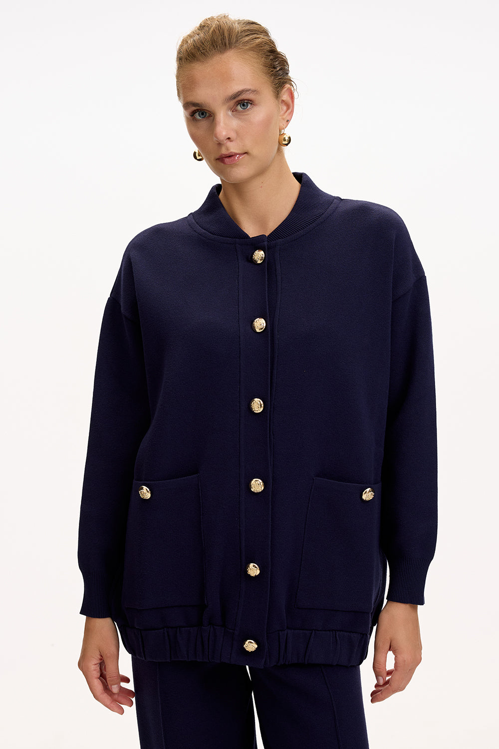 Exquise-Bisiket Yaka Cepli Gold Düğmeli Oversize Lacivert Tirko Hırka-HIRKA-8-Milagron.com