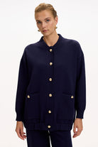 Exquise-Bisiket Yaka Cepli Gold Düğmeli Oversize Lacivert Tirko Hırka-HIRKA-8-Milagron.com