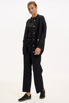 Exquise-Bisiket Yaka Cepli Gold Düğmeli Oversize Siyah Tirko Hırka-HIRKA-3-Milagron.com