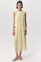 Bisiklet Yaka Beli Büzgülü Dantelli Regular Midi Sarı Elbise