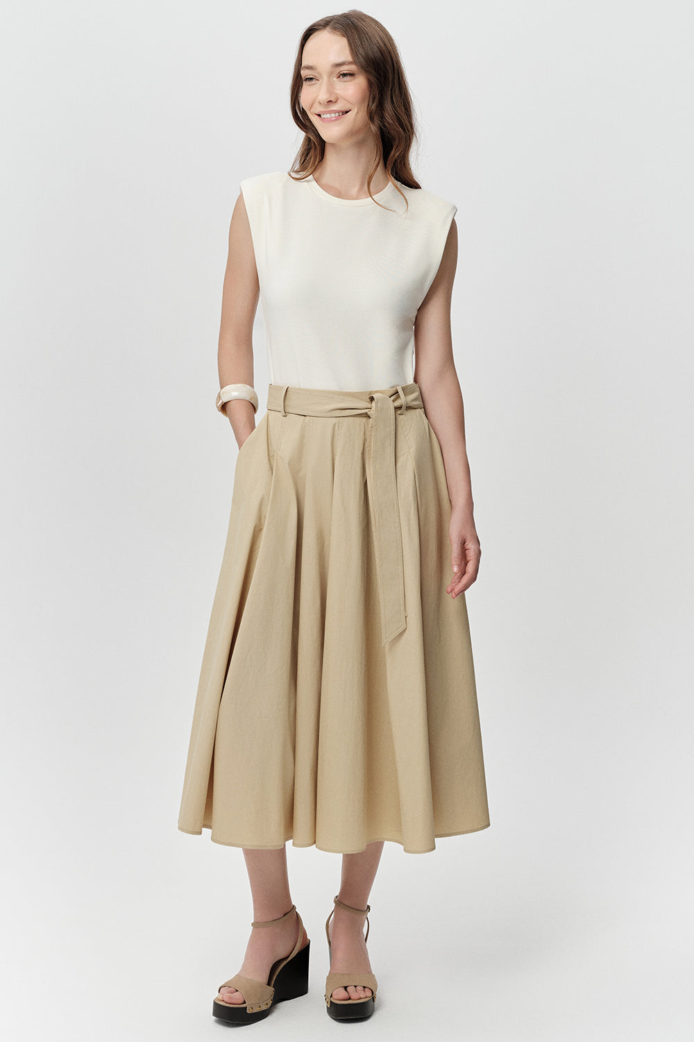 Bisiklet Yaka Cepli Regular Kuşaklı Regular Midi Ekru Elbise