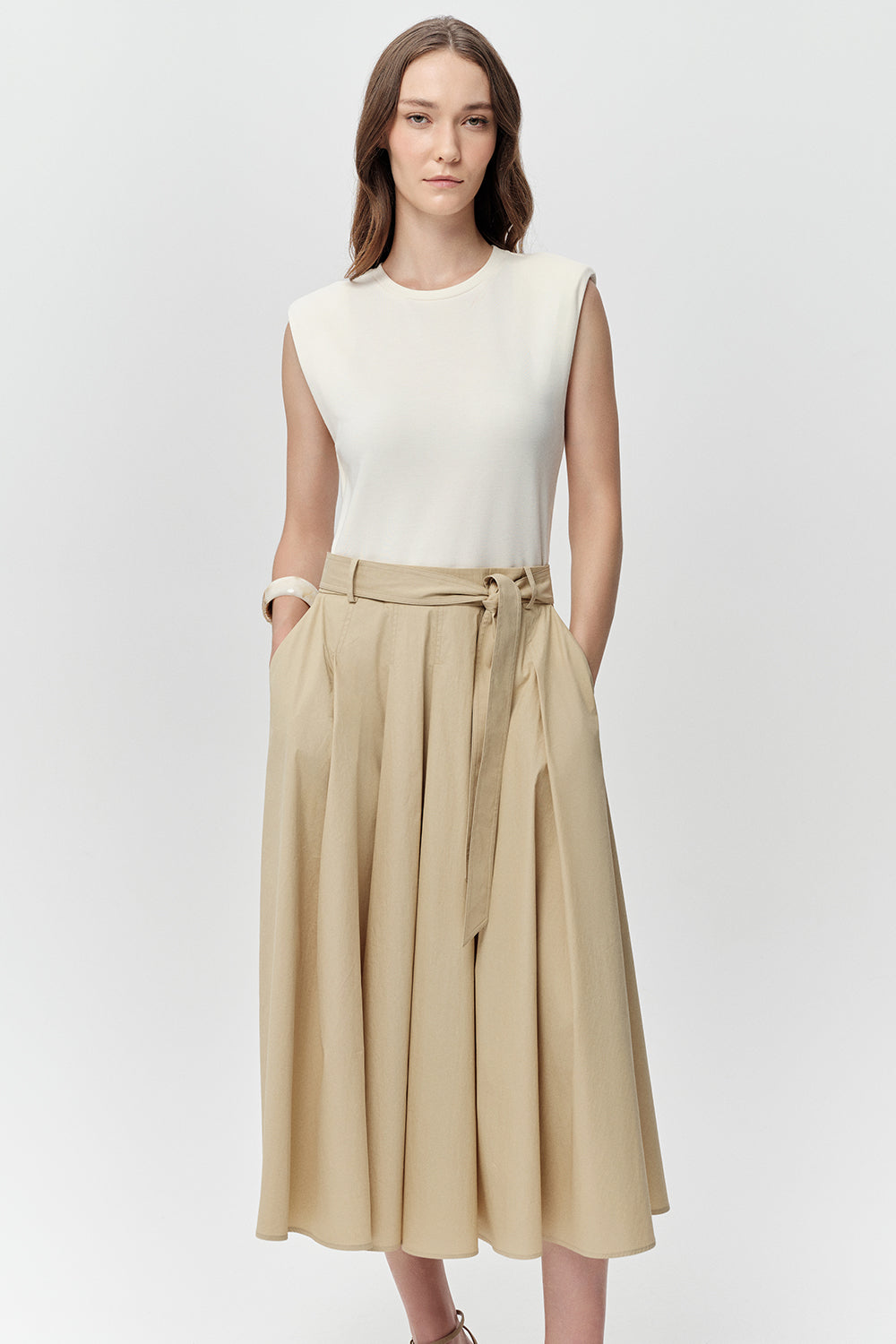 Bisiklet Yaka Cepli Regular Kuşaklı Regular Midi Ekru Elbise