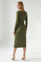 Bisiklet Yaka Fermuarlı Belden Bağlamalı Regular Örme Haki Elbise
