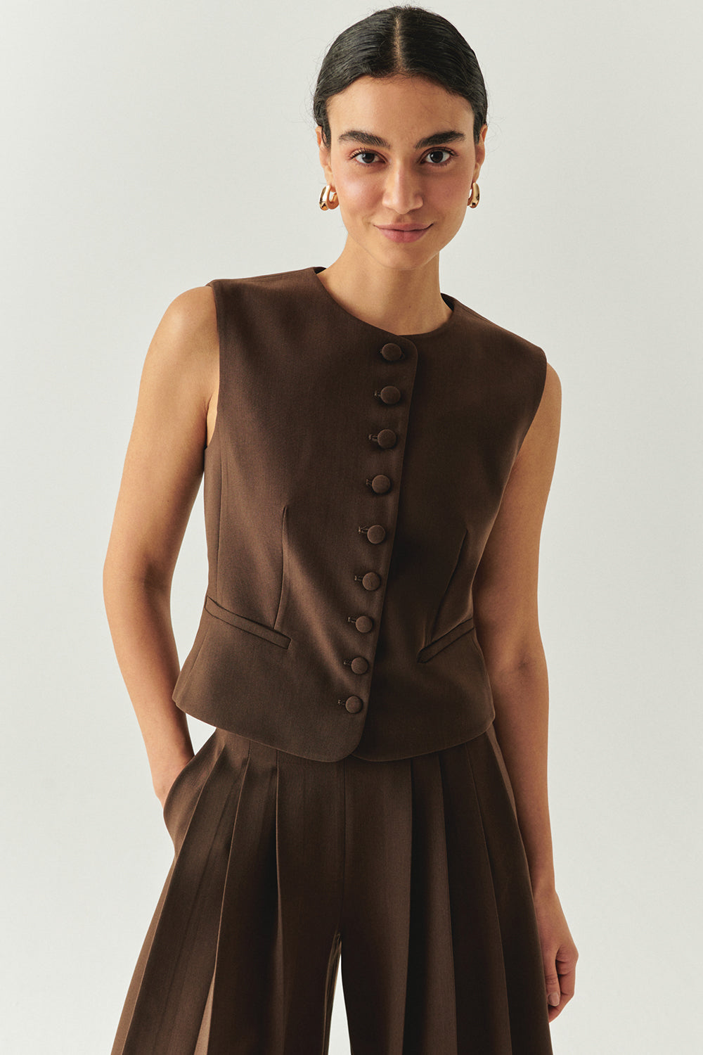 Exquise-Bisiklet Yaka Fileto Cep Astarlı Düz Regular Kahve Yelek-YELEK-1-Milagron.com