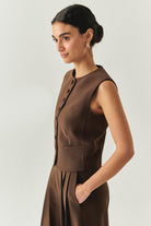 Exquise-Bisiklet Yaka Fileto Cep Astarlı Düz Regular Kahve Yelek-YELEK-2-Milagron.com