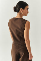 Exquise-Bisiklet Yaka Fileto Cep Astarlı Düz Regular Kahve Yelek-YELEK-3-Milagron.com