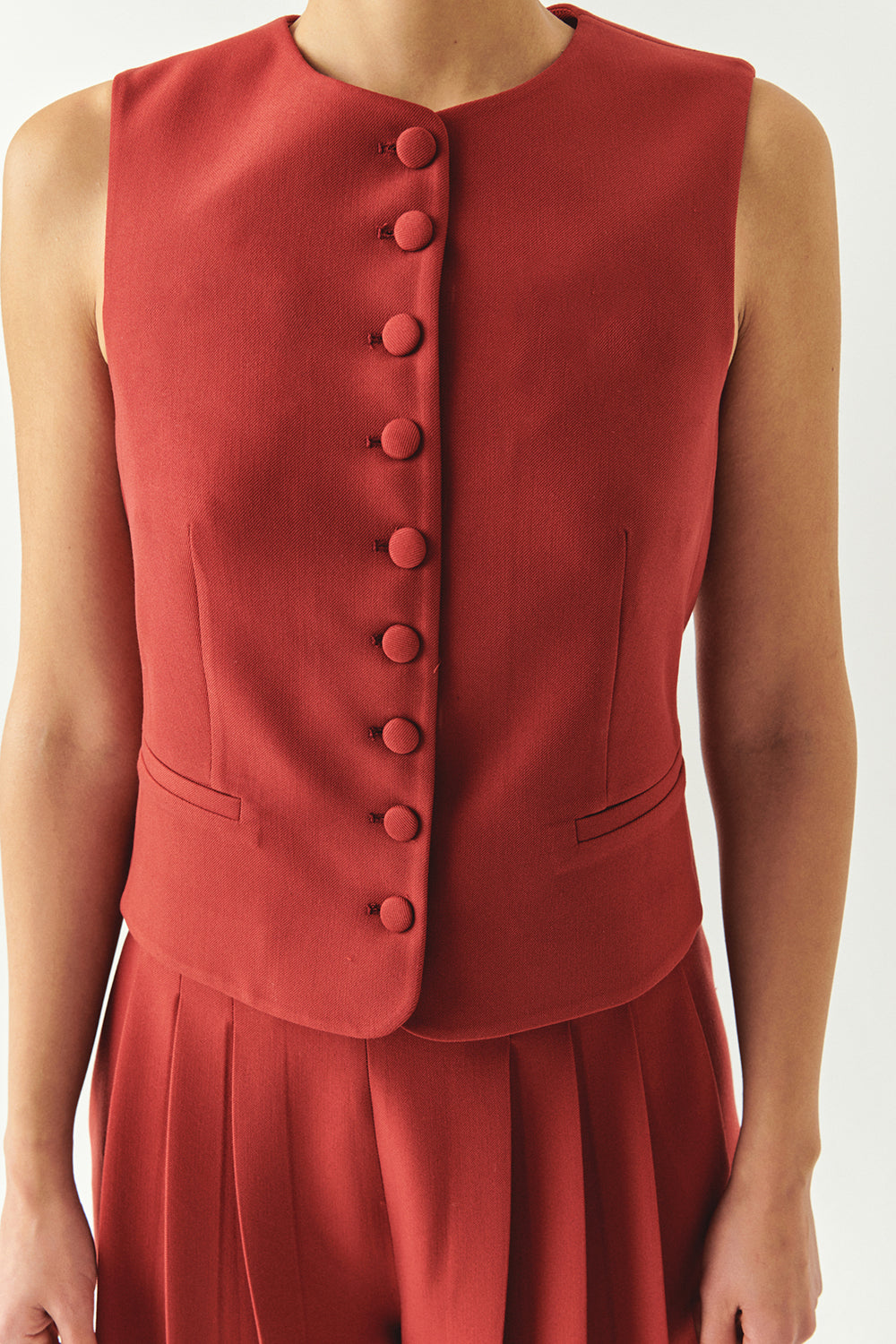 Exquise-Bisiklet Yaka Fileto Cep Astarlı Düz Regular Kiremit Yelek-YELEK-2-Milagron.com