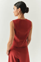 Exquise-Bisiklet Yaka Fileto Cep Astarlı Düz Regular Kiremit Yelek-YELEK-3-Milagron.com