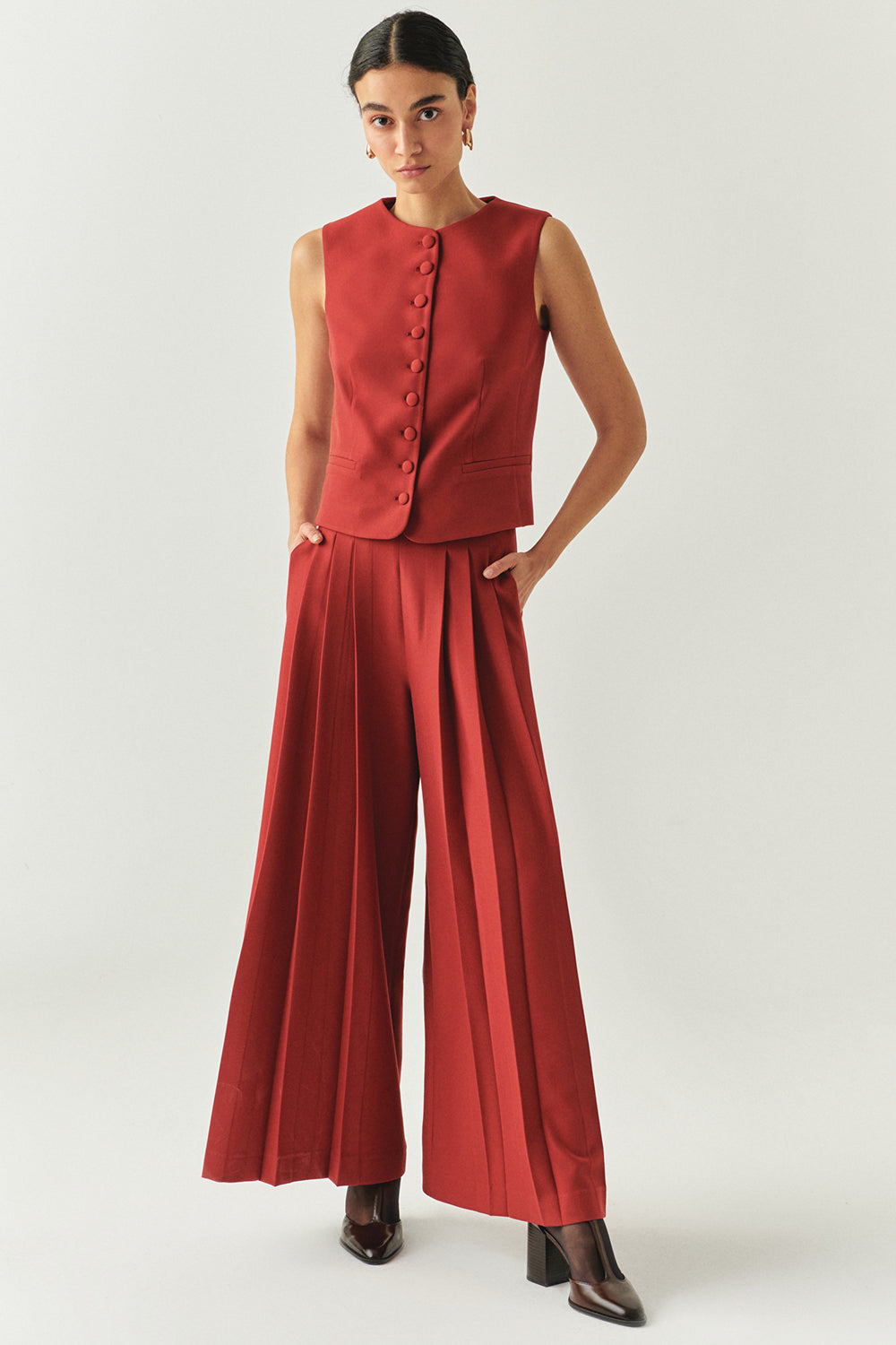 Exquise-Bisiklet Yaka Fileto Cep Astarlı Düz Regular Kiremit Yelek-YELEK-5-Milagron.com