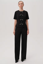 Exquise-Bisiklet Yaka Fiyonk Detaylı Kısa Kollu Regular Siyah Bluz-BLUZ-5-Milagron.com