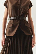 Exquise-Bisiklet Yaka Kemerli Plisoley Slim Fit Midi Kahve Elbise-ELBİSE-6-Milagron.com