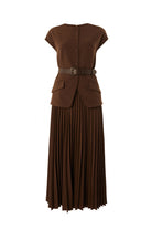 Exquise-Bisiklet Yaka Kemerli Plisoley Slim Fit Midi Kahve Elbise-ELBİSE-8-Milagron.com