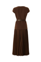 Exquise-Bisiklet Yaka Kemerli Plisoley Slim Fit Midi Kahve Elbise-ELBİSE-9-Milagron.com