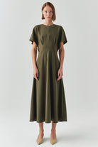 Exquise-Bisiklet Yaka Kısa Kollu Regular Midi Haki Elbise-ELBİSE-1-Milagron.com