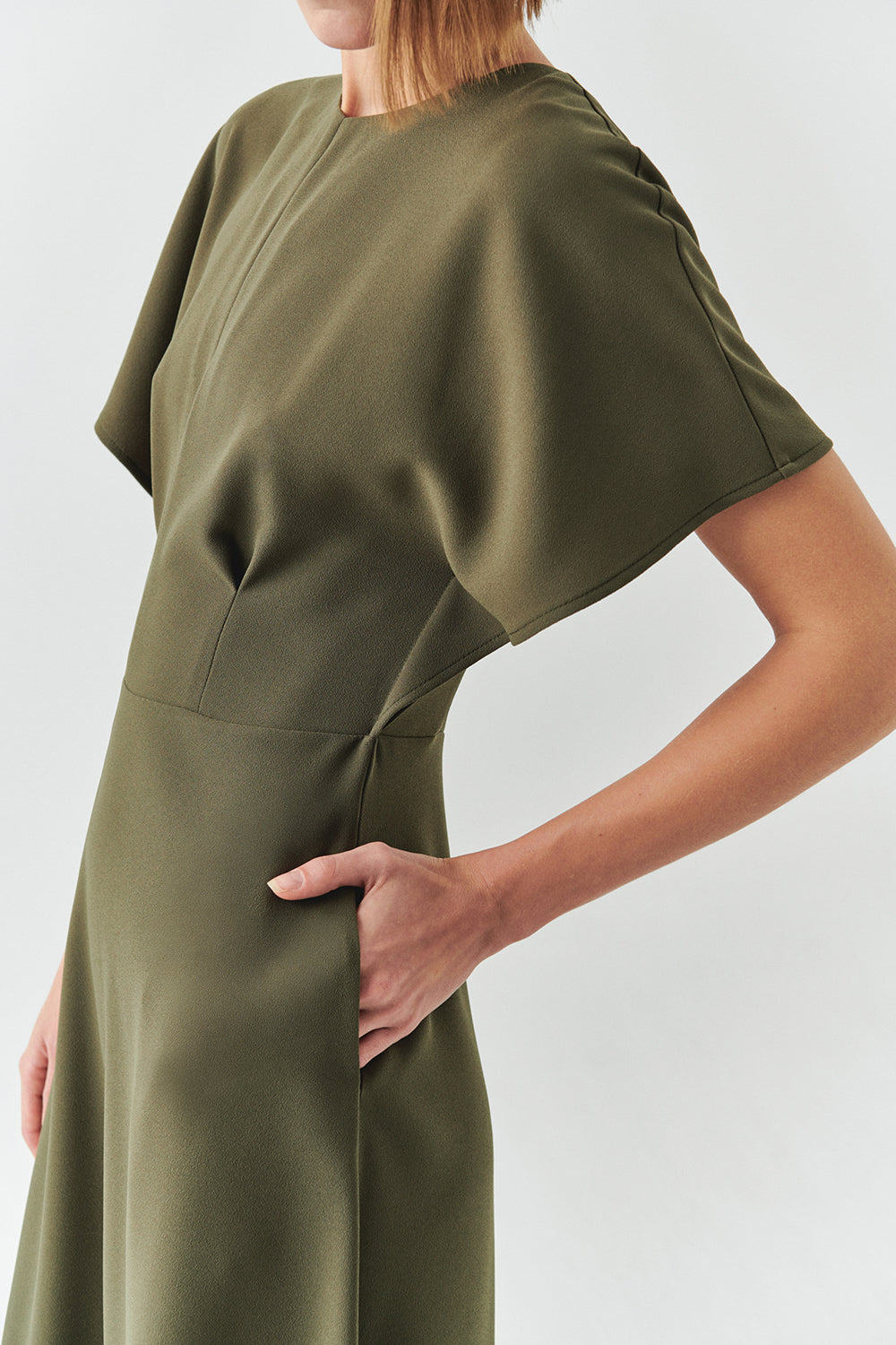 Exquise-Bisiklet Yaka Kısa Kollu Regular Midi Haki Elbise-ELBİSE-4-Milagron.com