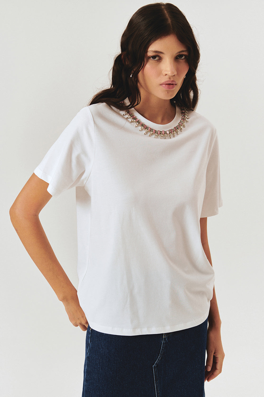 Exquise-Bisiklet Yaka Kristal Taş İşlemeli Beyaz Regular Pamuklu örme Tişört-T-Shirts-2-Milagron.com