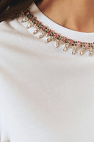 Exquise-Bisiklet Yaka Kristal Taş İşlemeli Beyaz Regular Pamuklu örme Tişört-T-Shirts-3-Milagron.com