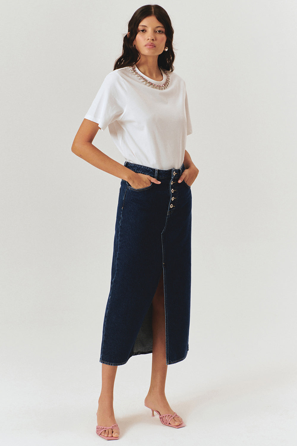 Exquise-Bisiklet Yaka Kristal Taş İşlemeli Beyaz Regular Pamuklu örme Tişört-T-Shirts-4-Milagron.com