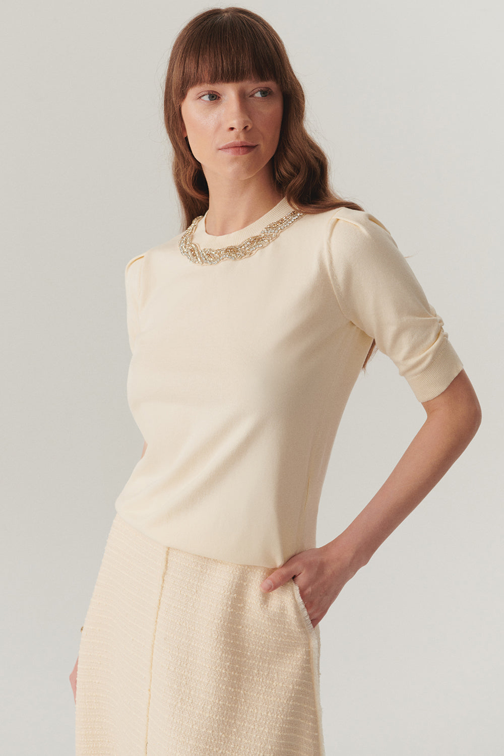 Exquise-Bisiklet Yaka Taş İşlemeli Triko Bluz-BLUZ-4-Milagron.com