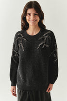 Exquise-Bisiklet Yaka Taş İşlemeli Uzun Kollu Oversize Gri Triko Bluz-BLUZ-1-Milagron.com