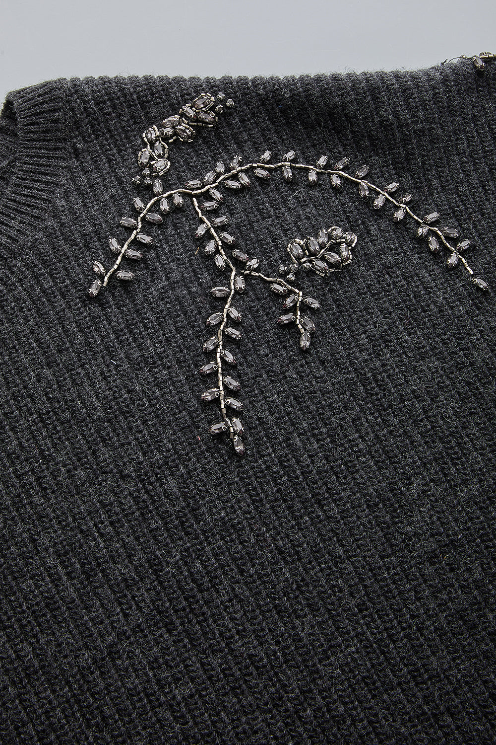 Exquise-Bisiklet Yaka Taş İşlemeli Uzun Kollu Oversize Gri Triko Bluz-BLUZ-6-Milagron.com