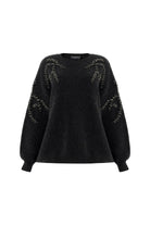 Exquise-Bisiklet Yaka Taş İşlemeli Uzun Kollu Oversize Gri Triko Bluz-BLUZ-7-Milagron.com