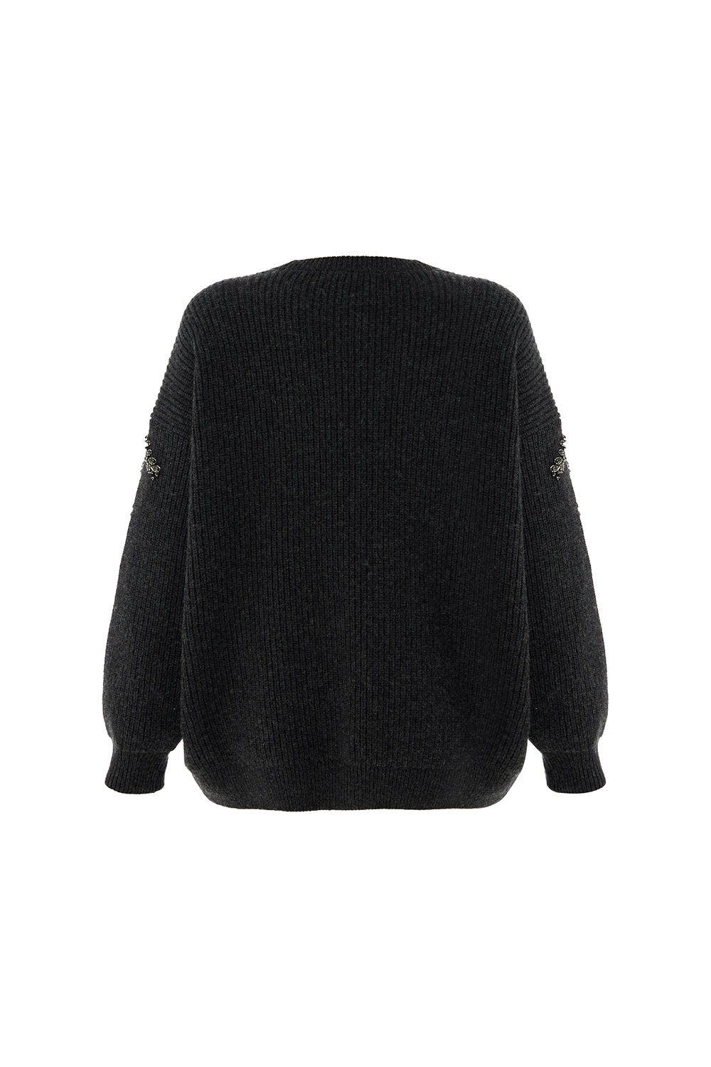 Exquise-Bisiklet Yaka Taş İşlemeli Uzun Kollu Oversize Gri Triko Bluz-BLUZ-8-Milagron.com