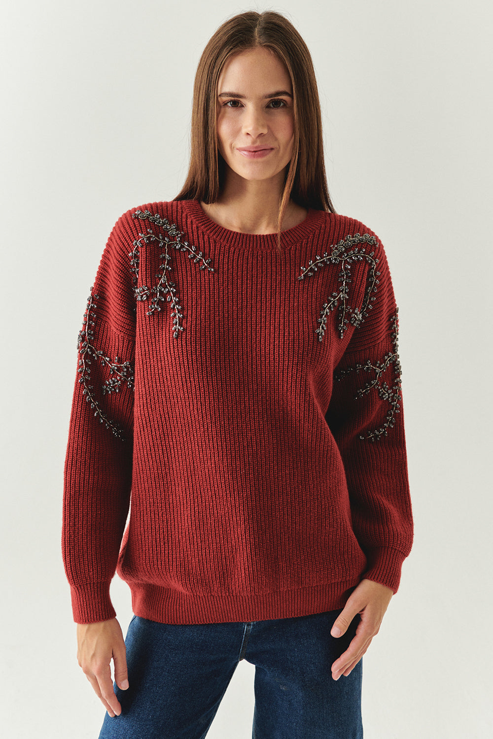 Exquise-Bisiklet Yaka Taş İşlemeli Uzun Kollu Oversize Vişne Triko Bluz-BLUZ-1-Milagron.com