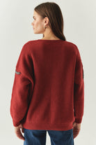 Exquise-Bisiklet Yaka Taş İşlemeli Uzun Kollu Oversize Vişne Triko Bluz-BLUZ-2-Milagron.com